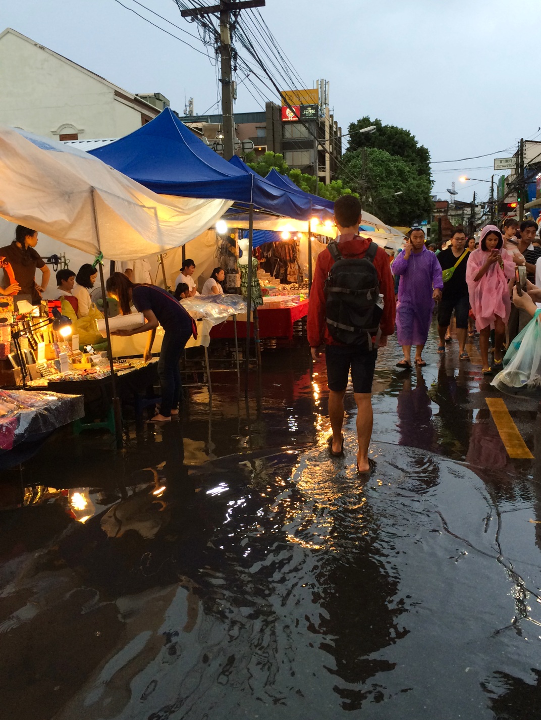 A very wet Sunday night market at Chiang Mai 